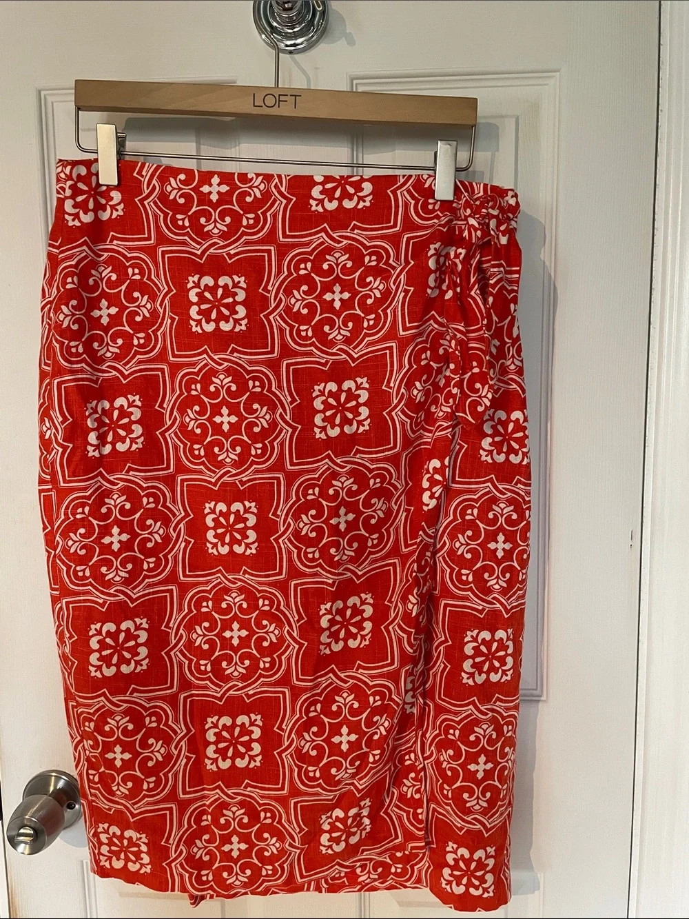 NWT Ann Taylor Ann Linen Blend Faux Wrap Orange White Tile Print Skirt
